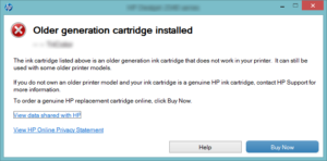 An error message from an HP printer because and older generation cartridge is installed