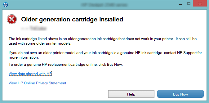 An error message from an HP printer because and older generation cartridge is installed.