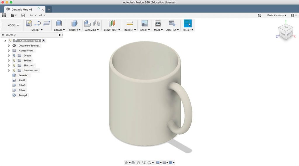 A ceramic mug is an example of a body in Fusion 360.