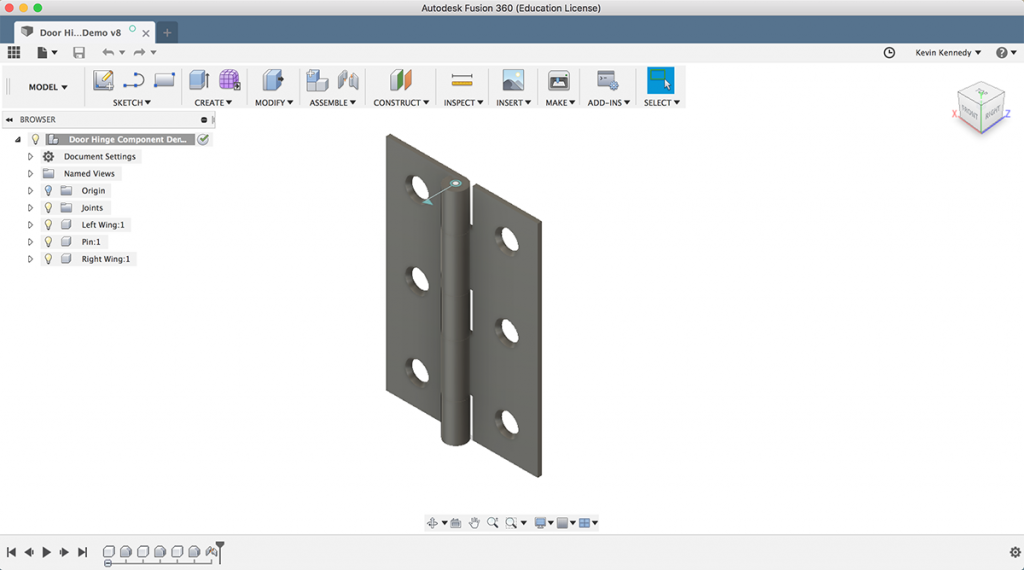 A door hinge is an example of a component in Fusion 360, because it has multiple parts and would be manufactured.