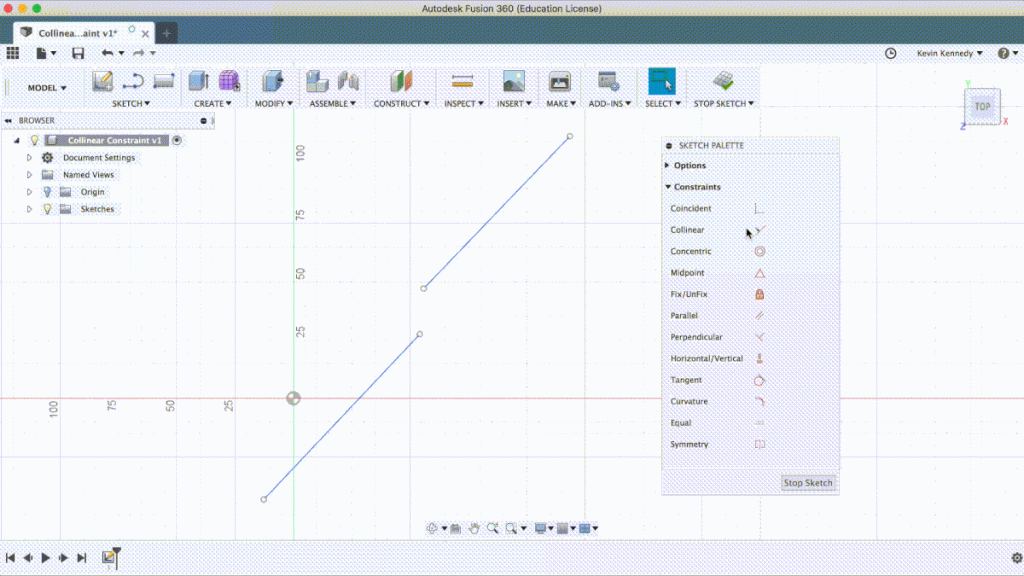 What is a collinear constraint in Fusion 360?