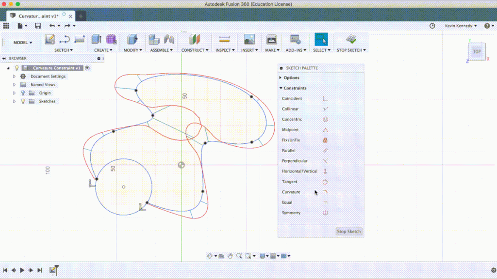 What does the curvature constraint do in Fusion 360?