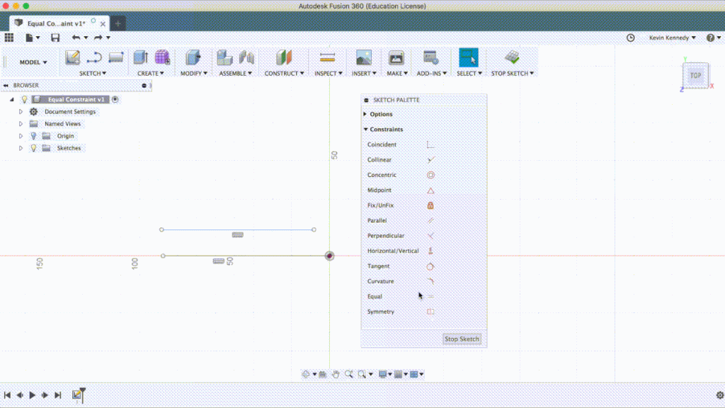 What does the equal constraint do in Fusion 360?