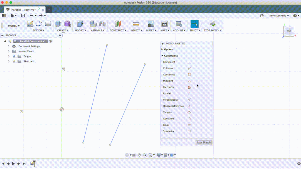 What is the parallel constrain in Fusion 360?