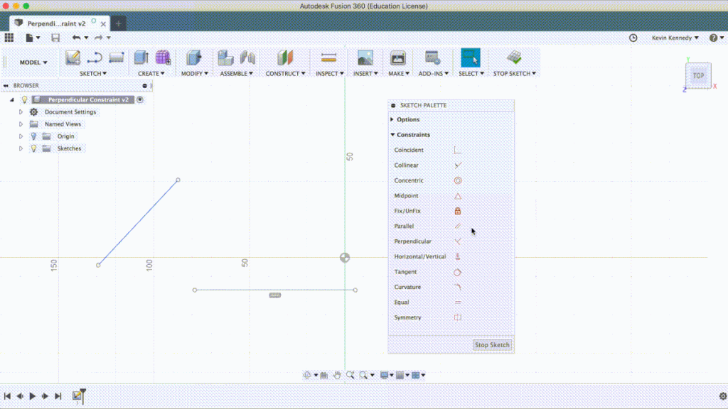 What does the perpendicular constraint do in Fusion 360?