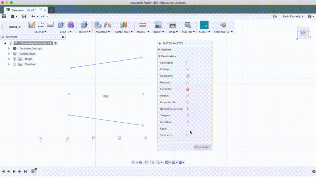 What does the symmetry constraint do in Fusion 360?