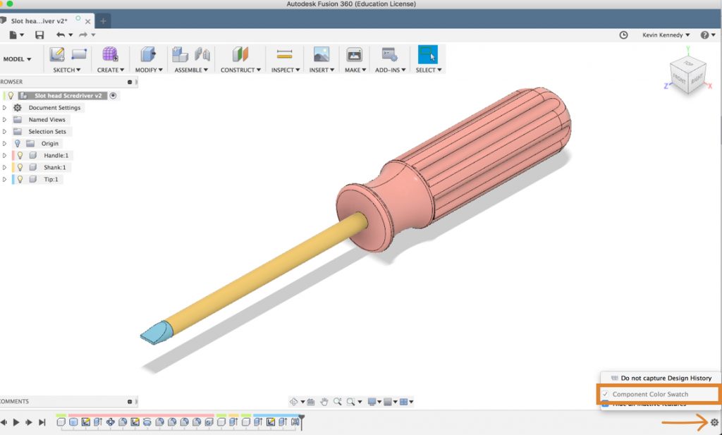 Component Color Swatch in the Fusion 360 timeline.