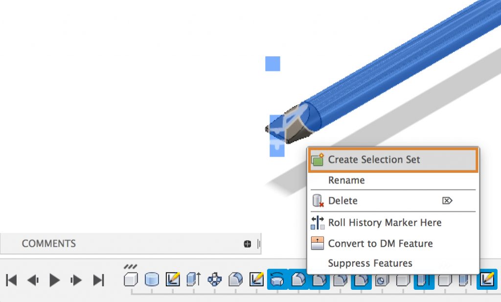 Create a selection set in Fusion 360 by selecting all of the timeline features and then select create selection set by right clicking on one of the timeline features.