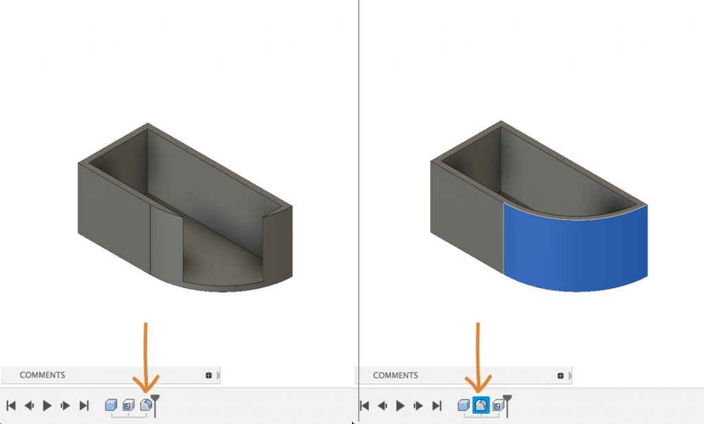 Drag timeline features around in the Fusion 360 browser.