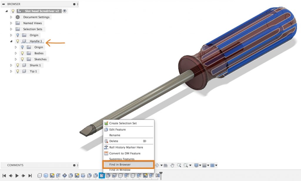 Right Click on a feature in the Fusion 360 timeline and select find in browser.