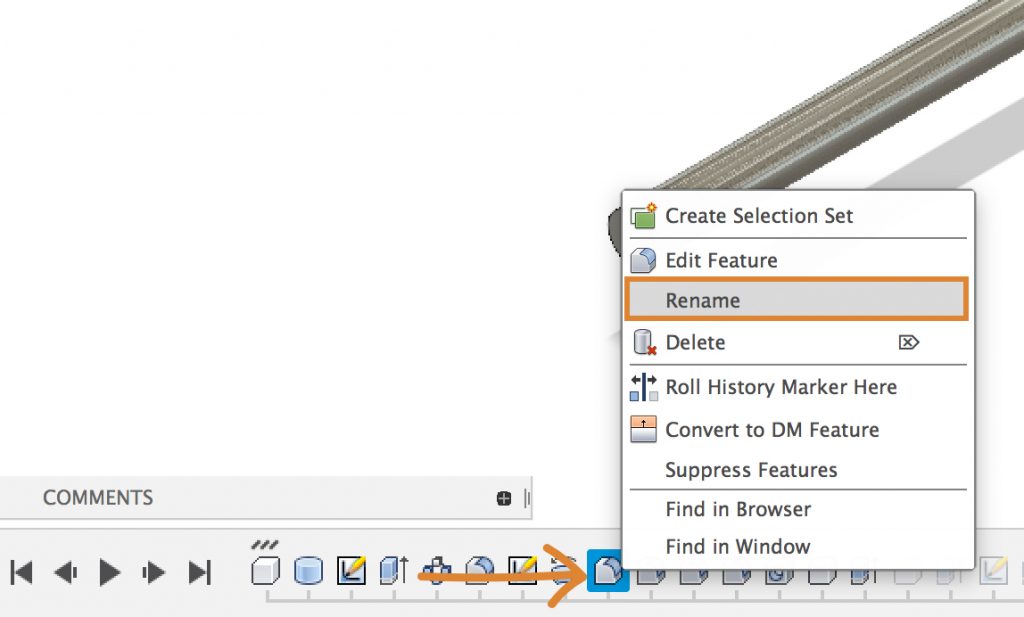 Right click on a feature in the Fusion 360 timeline and select rename in order to rename the specific feature.