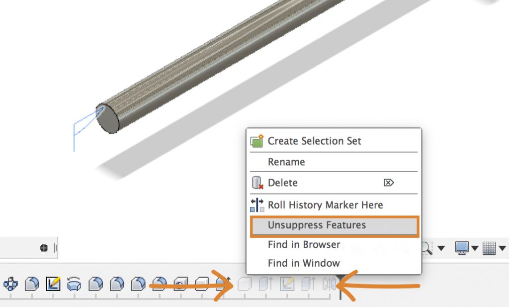 Unsuppress or Suppress features in the Fusion 360 timeline.
