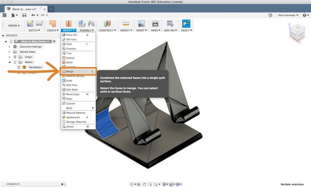 How to convert a mesh to a solid or surface body in Autodesk Fusion