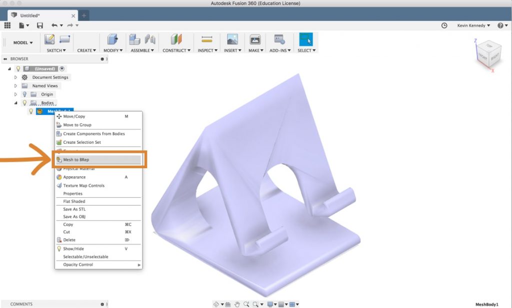 fusion 360 convert mesh to solid