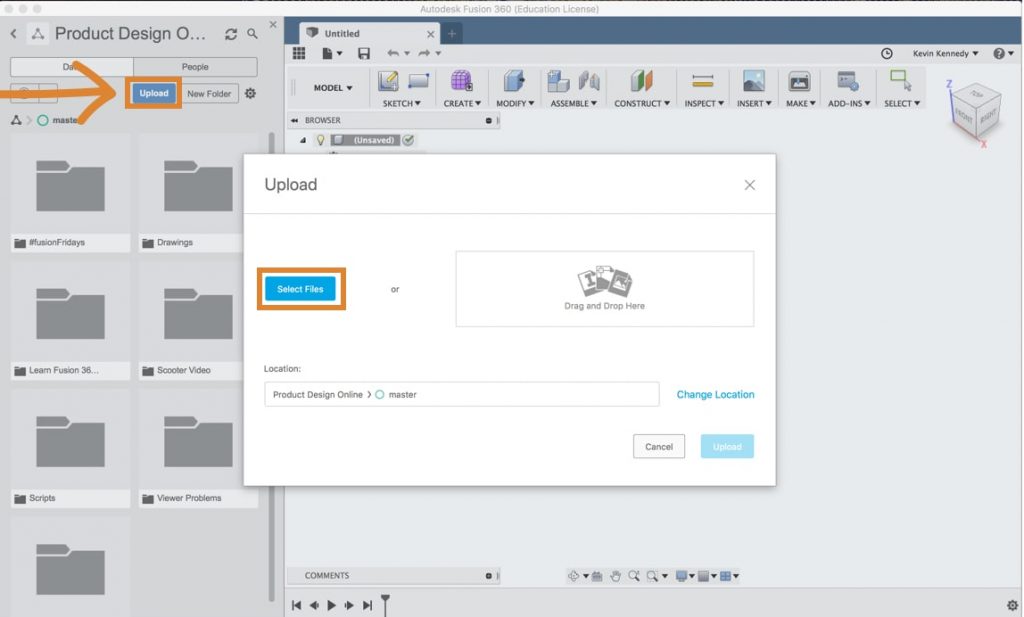 One way to insert a mesh into Fusion 360 is to upload the file to the data panel.