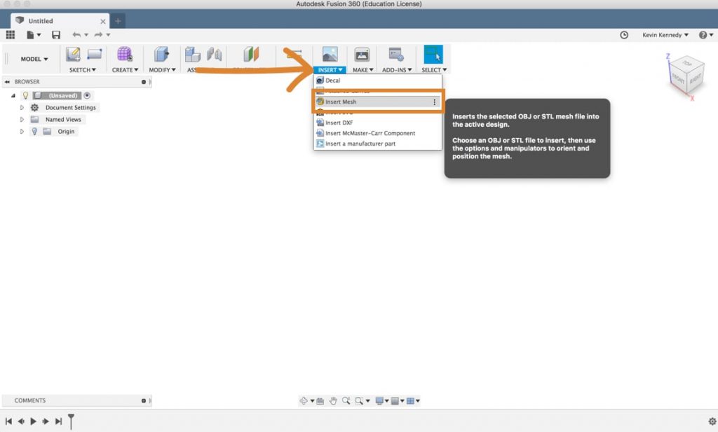 The second way to insert a mesh into Fusion 360 is to select "insert mesh" from the insert dropdown menu.