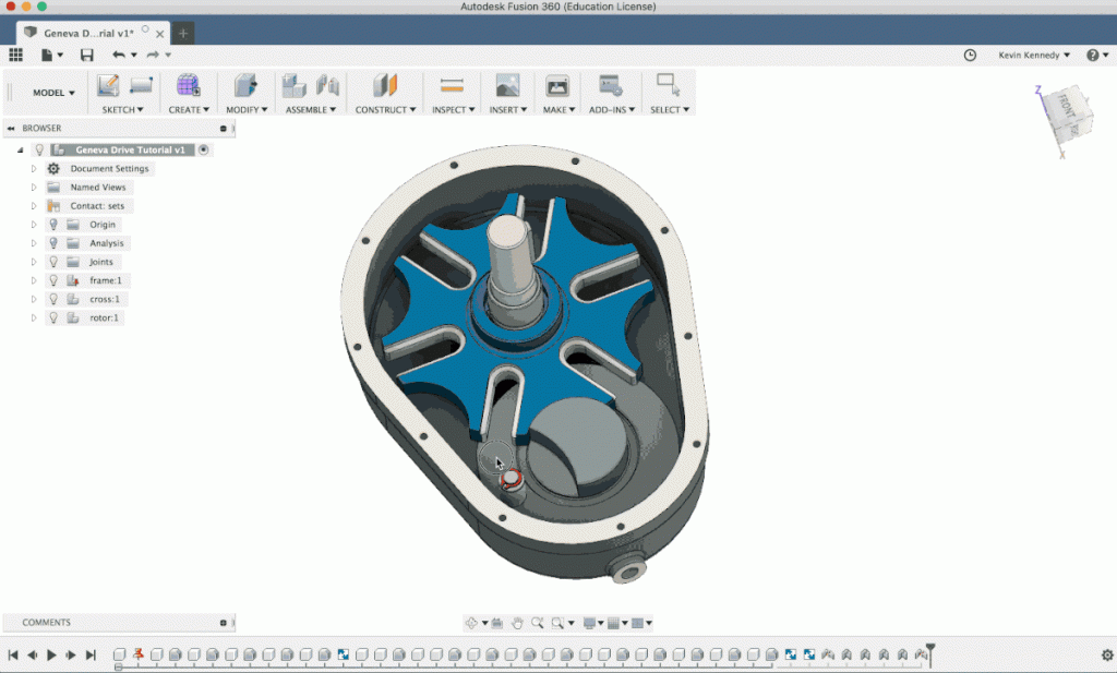 Adding Joints and Contact points to a Geneva Drive in Fusion 360.