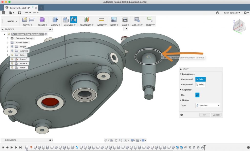 Adding Joints and Contact points to a Geneva Drive in Fusion 360.