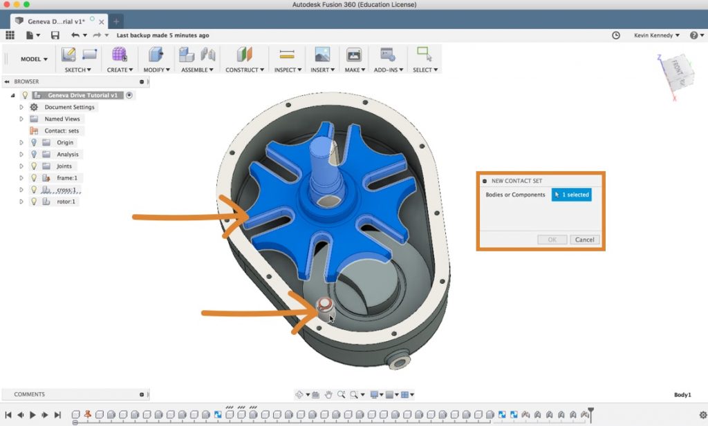 Adding Joints and Contact points to a Geneva Drive in Fusion 360.