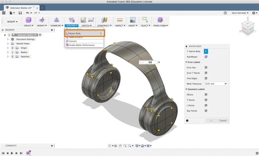 How to repair self-intersecting t-spline bodies in Autodesk Fusion 360.