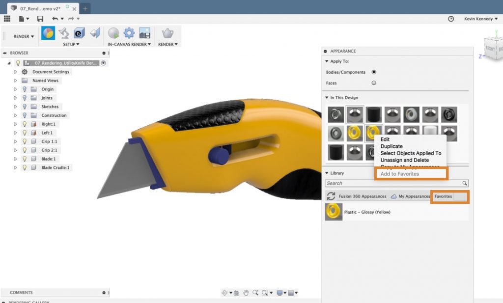 Save your Fusion 360 appearances as favorites to make your workflow more efficient.