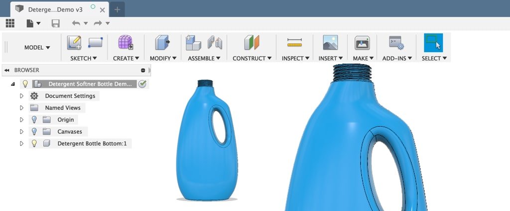 A baby blue detergent softener bottle that was surface modeled in Fusion 360