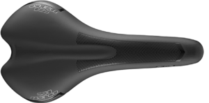 Top View of a Bike Seat that is black and skinny.