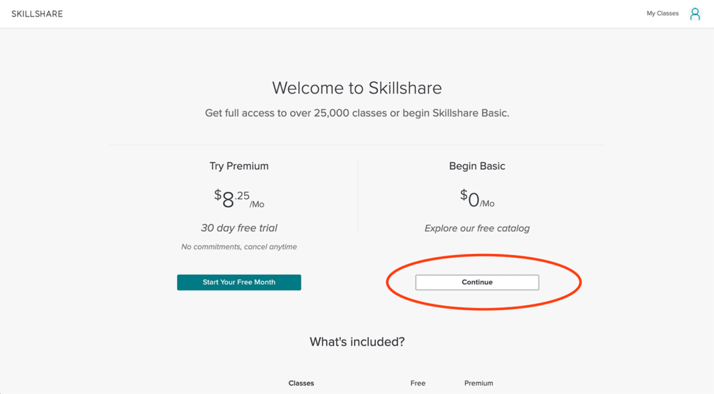 Click the continue button to access Skillshare for free.