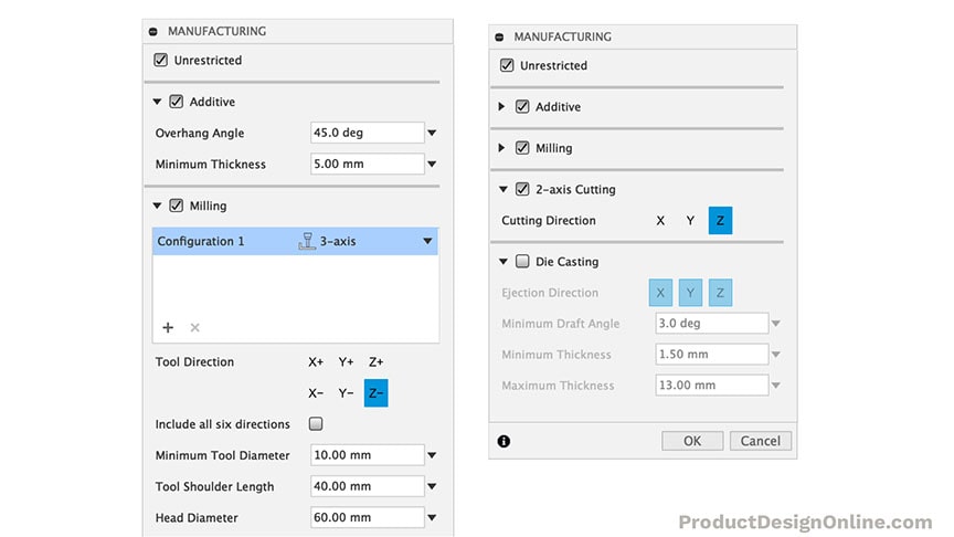 Manufacturing settings in Fusion 360 Generative Design workspace