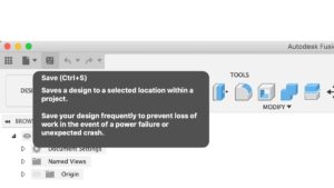 The save icon can be found in the upper-lefthand corner of Fusion 360's user interface