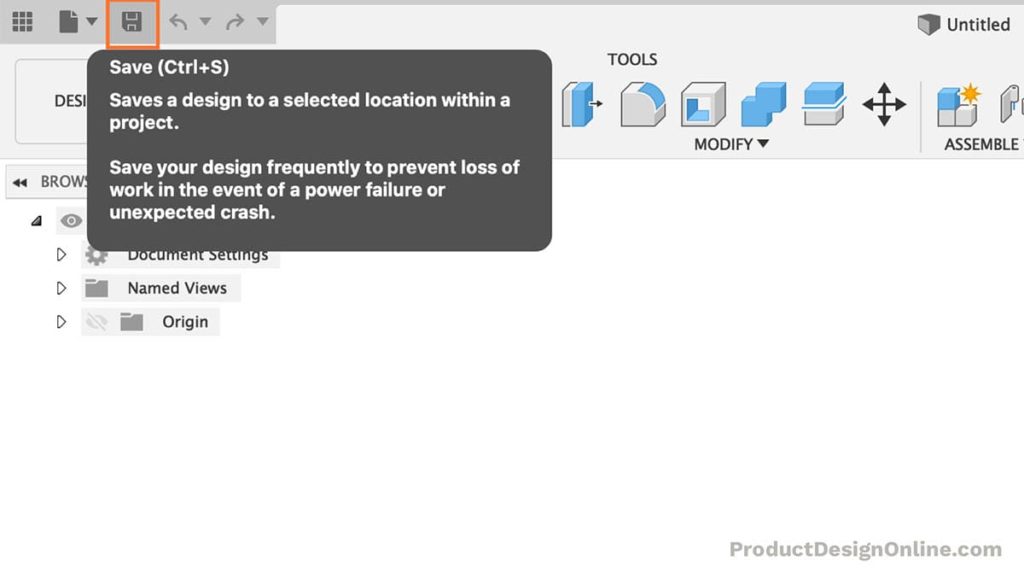 Click the Save icon to save a design file in Autodesk Fusion 360