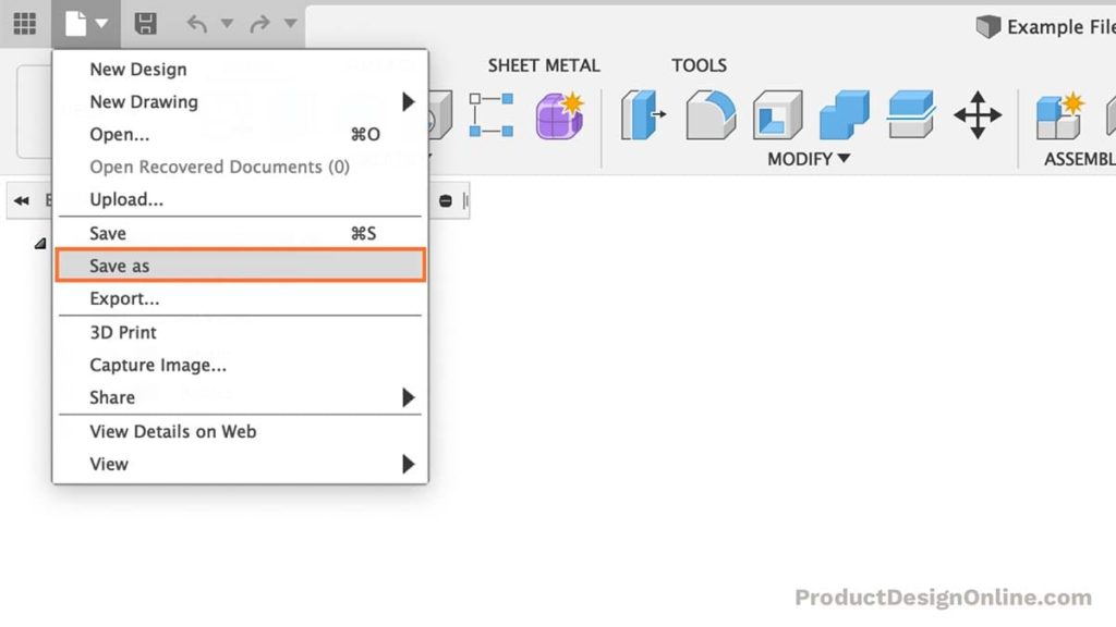 Use Save As to save a new copy of a Fusion 360 design file