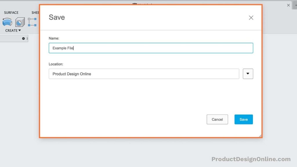 Enter a name and select the location to save a Fusion 360 file