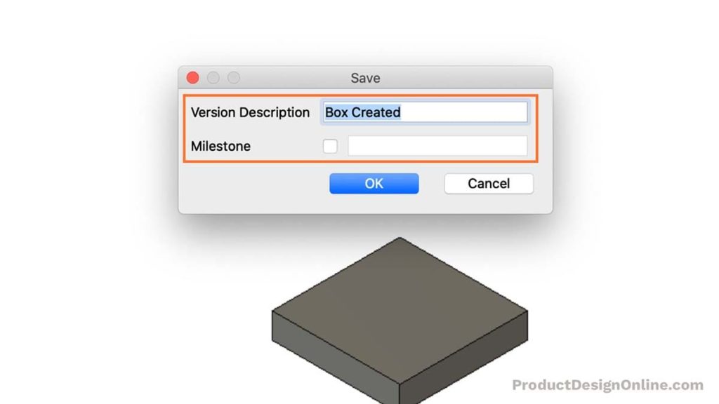 Enter an optional version description and milestone to save a new version in Fusion 360