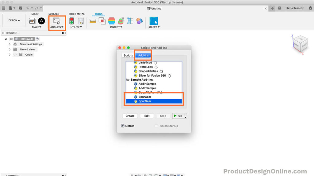 Activating the Fusion 360 Spur Gear add-in