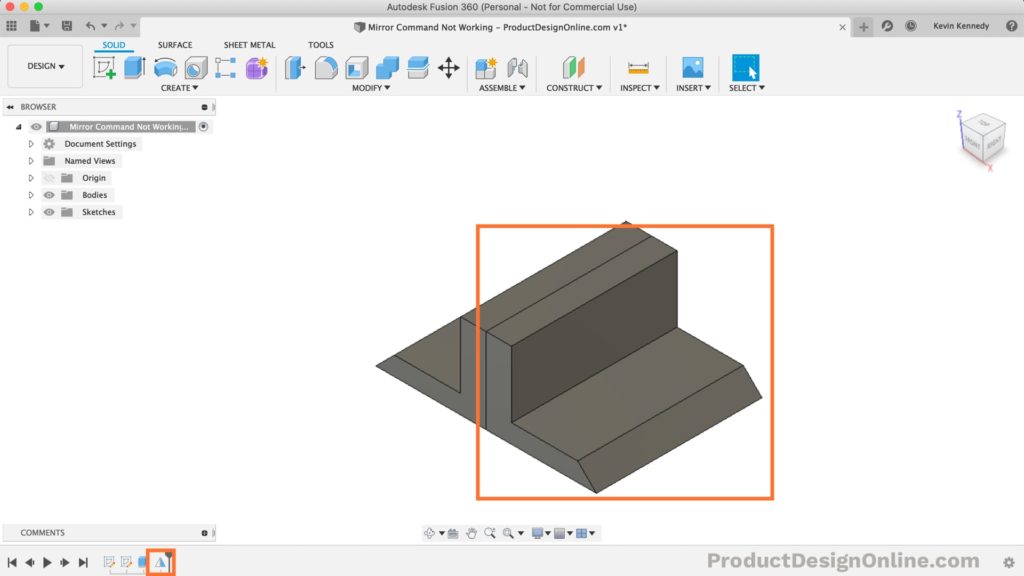 Notice the mirrored body is complete after using the Feature Pattern Type in Fusion 360