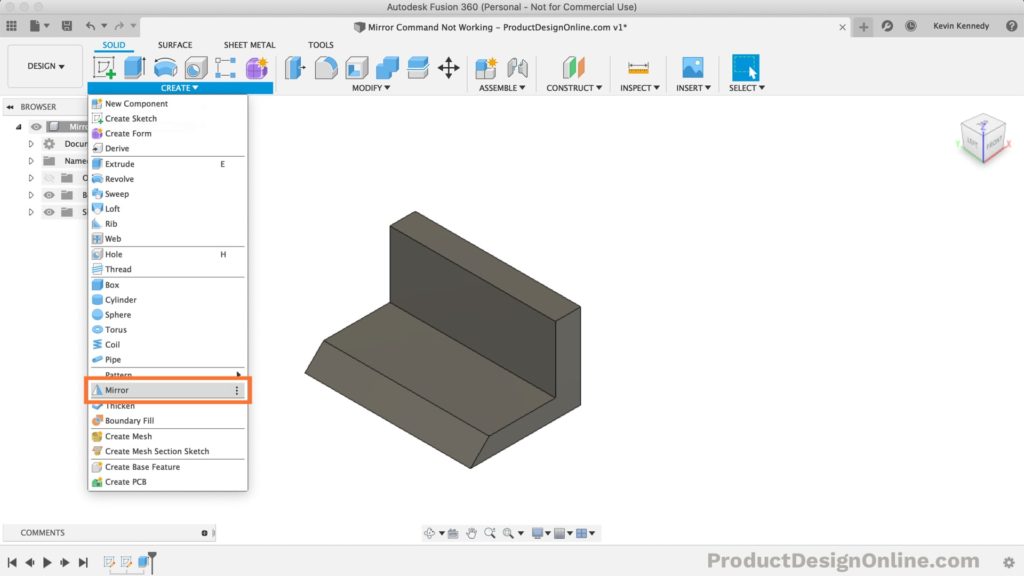 Select the model mirror command from Fusion 360's create dropdown