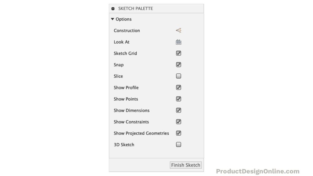 The Sketch palette in Fusion 360 includes several settings to use when working with 2-dimensional sketches