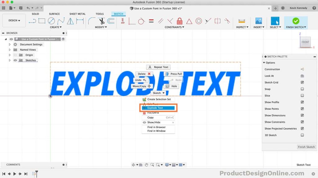 Explode text in Fusion 360 to get them to work with the Extrude command