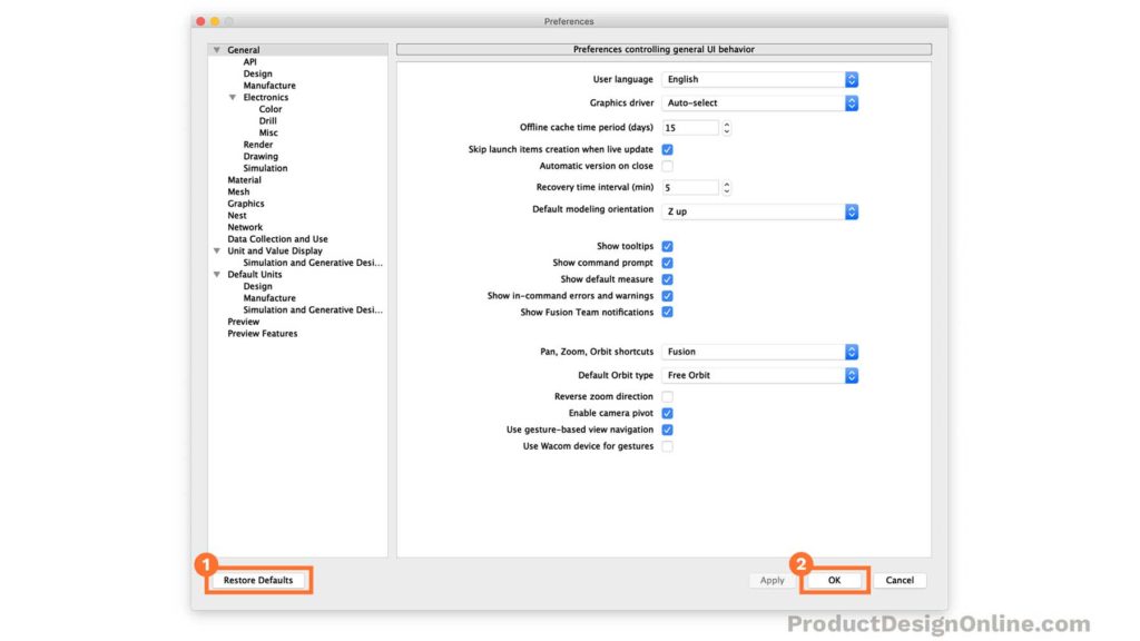 The Default modeling orientation is set to have the Z-axis in the up orientation. Select the dropdown if you would like to switch this to "Y up"