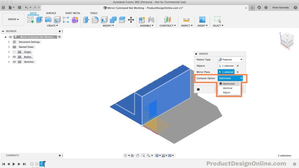 Set the compute option for the mirror command in Fusion 360