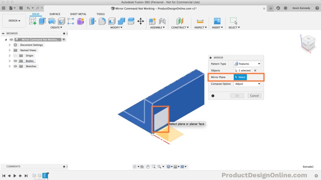 Select the mirror line selector and select an origin plane or face to use as the mirror line in Fusion 360