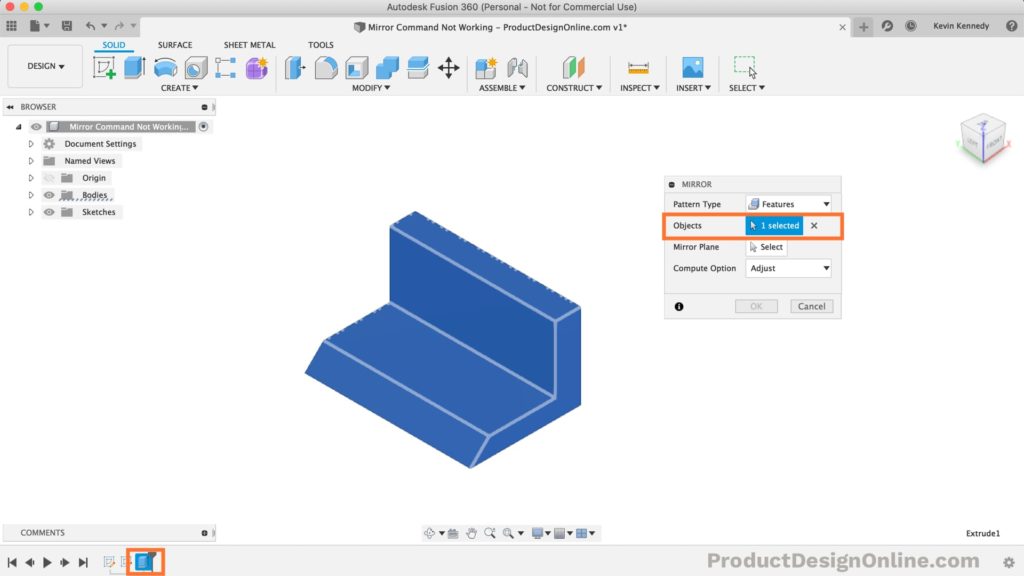 Select the objects selector and select the desired objects to mirror in Fusion 360