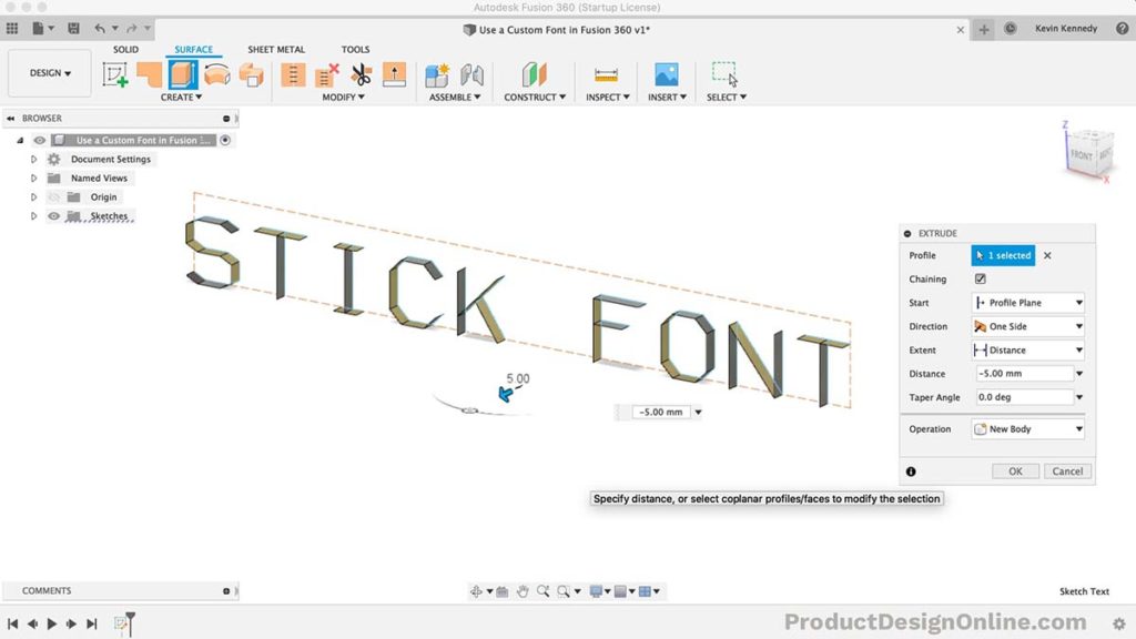 Stick or single line fonts can be Surface Extruded in Fusion 360