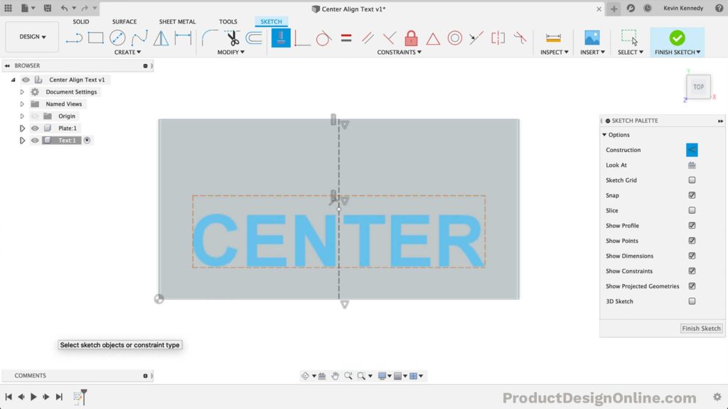 Add a coincident constraint to center align the text in Fusion 360