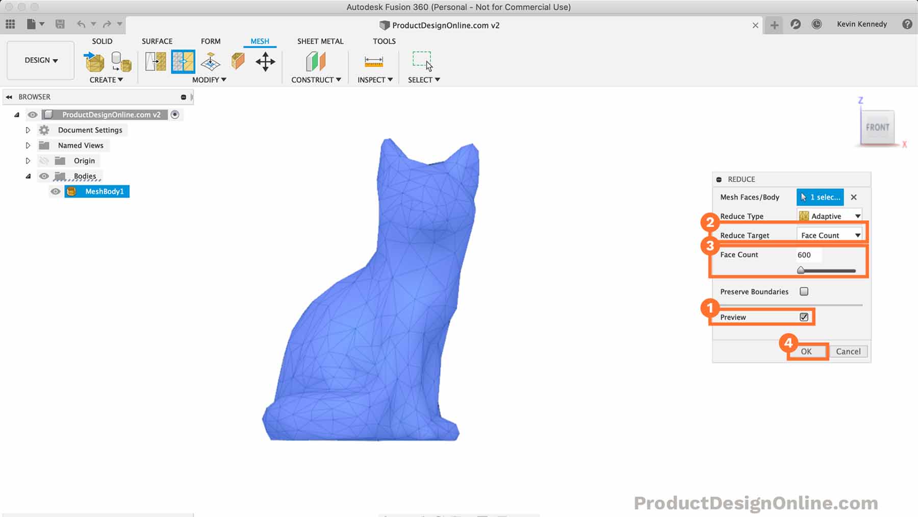 Reduce Target and Face count can be used to create a low poly design in Fusion 360