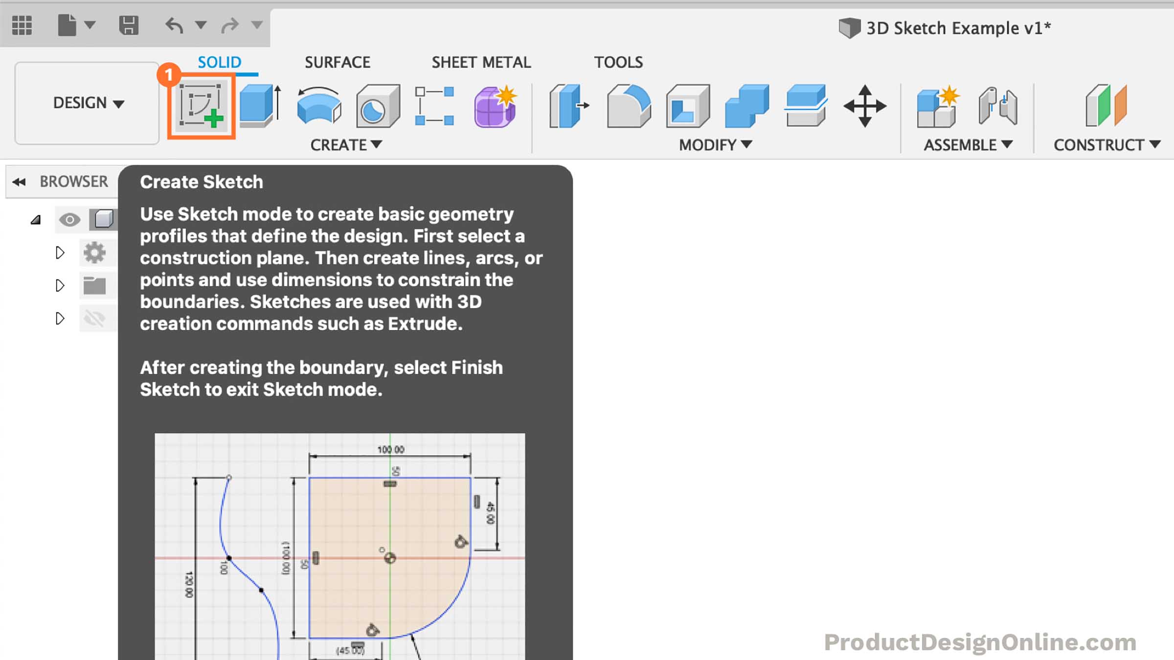 Create Sketch by selecting the button in the Fusion 360 toolbar