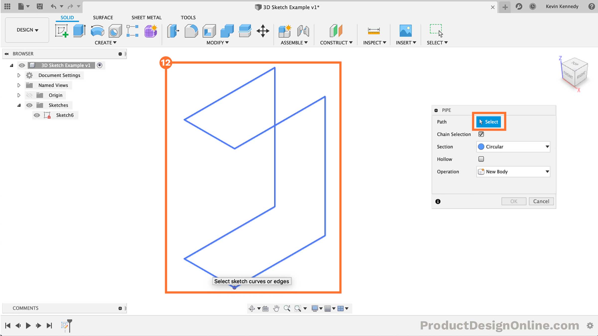 Select the sketch to be used with Fusion 360's pipe command
