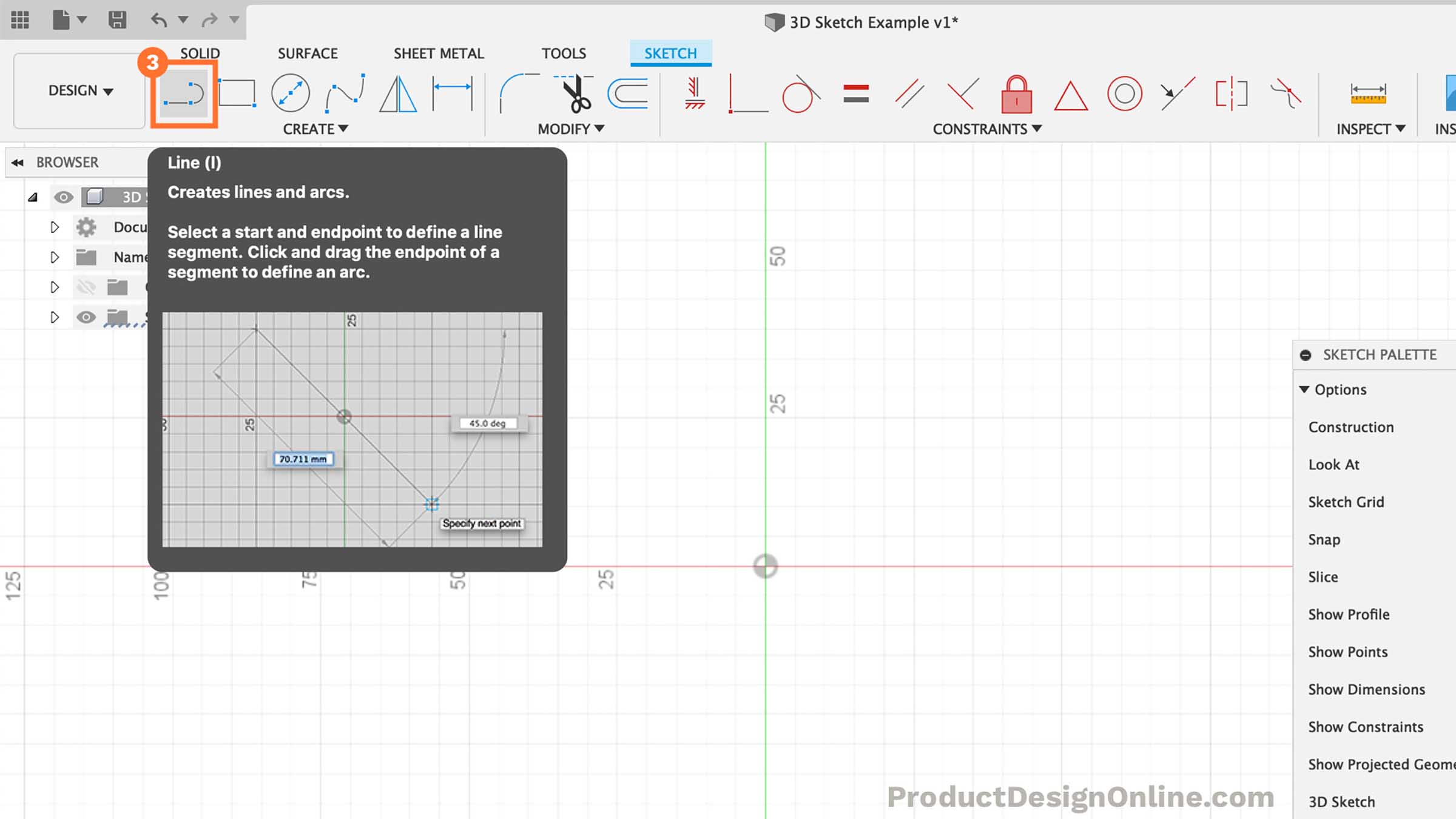 Activate the line tool from the Fusion 360 toolbar