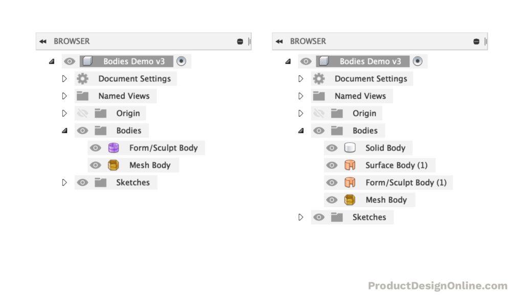 Browser bodies are displayed with their color-coded icons in Fusion 360